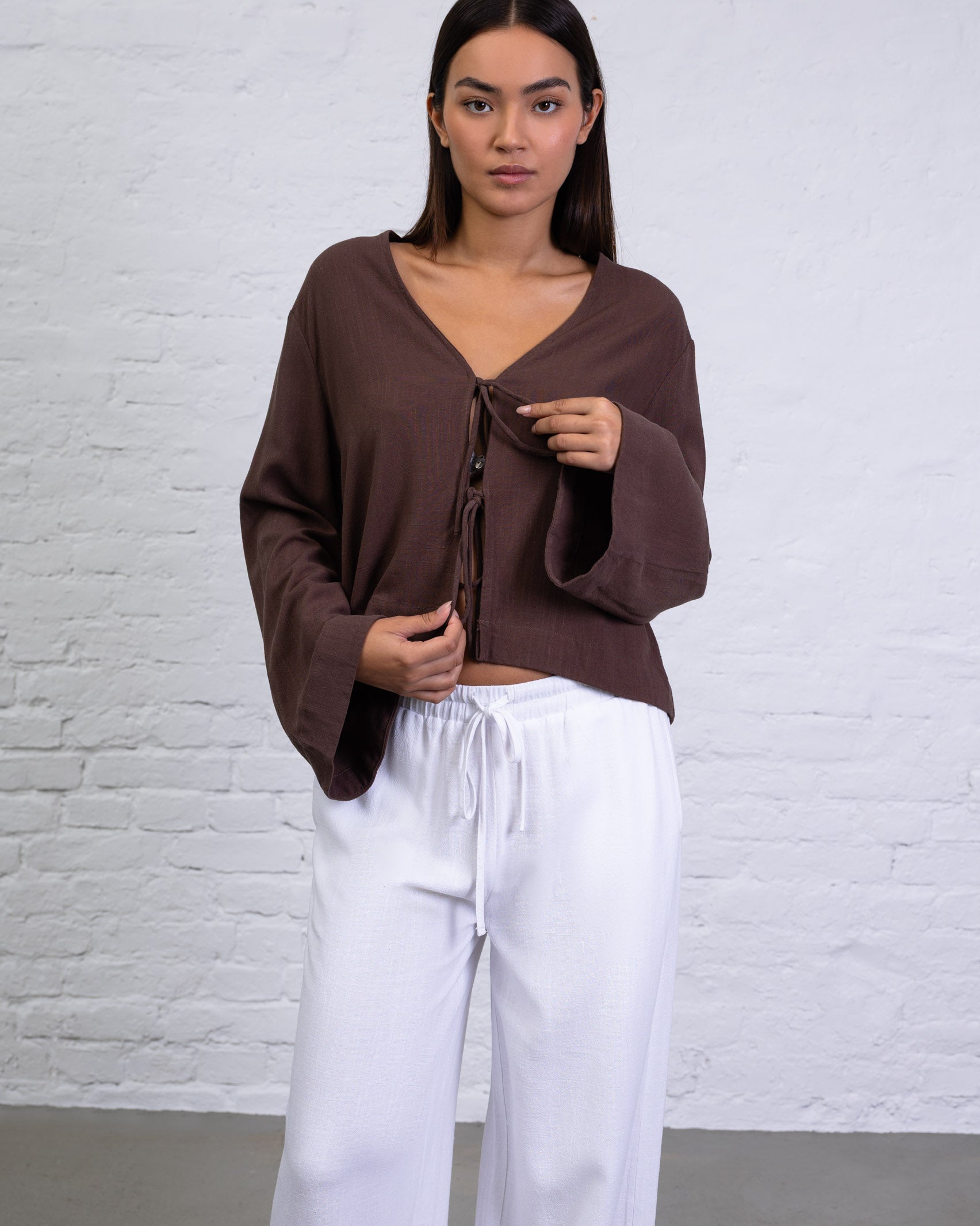Bluse mit Bindebändern aus Leinen-Mix