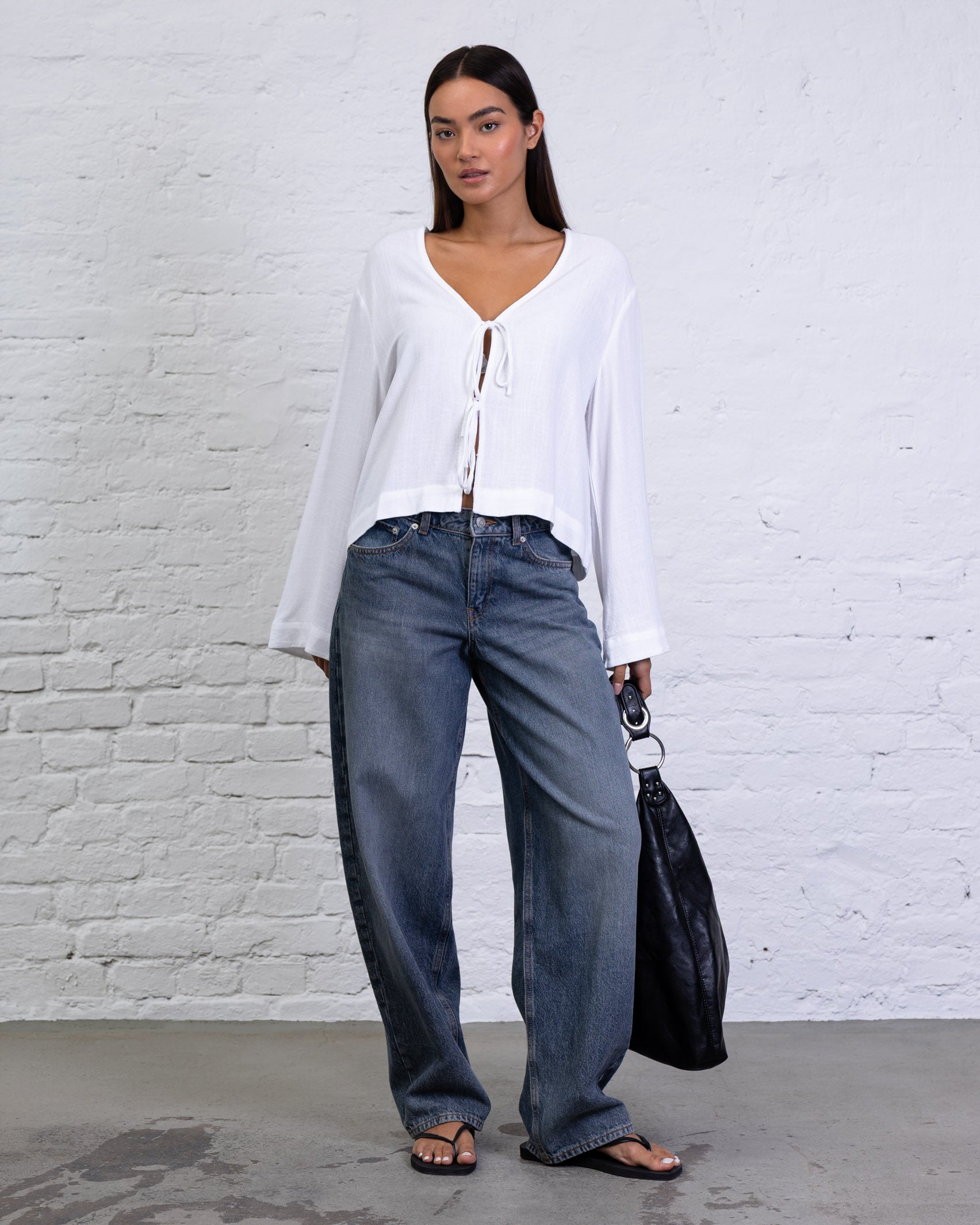 Bluse mit Bindebändern aus Leinen-Mix