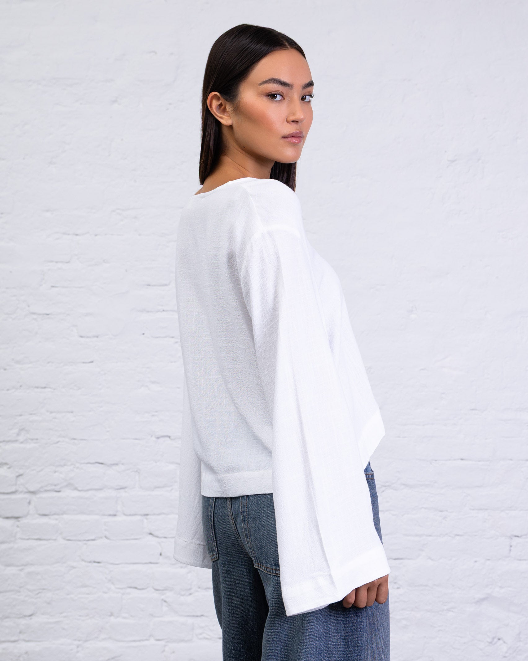 Bluse mit Bindebändern aus Leinen-Mix