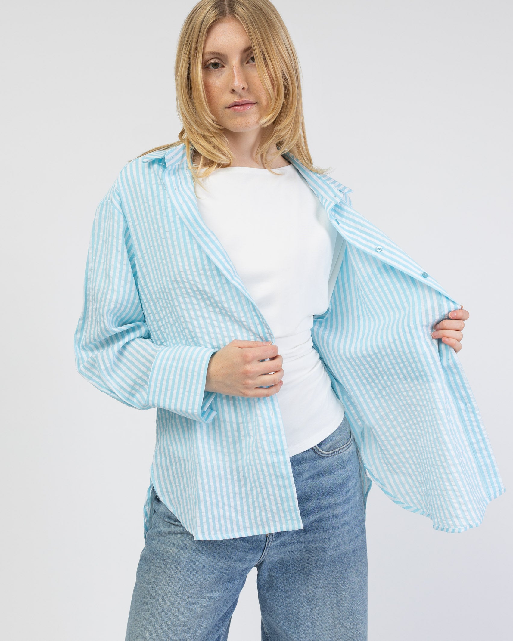 Türkise Oversize Bluse mit Streifen