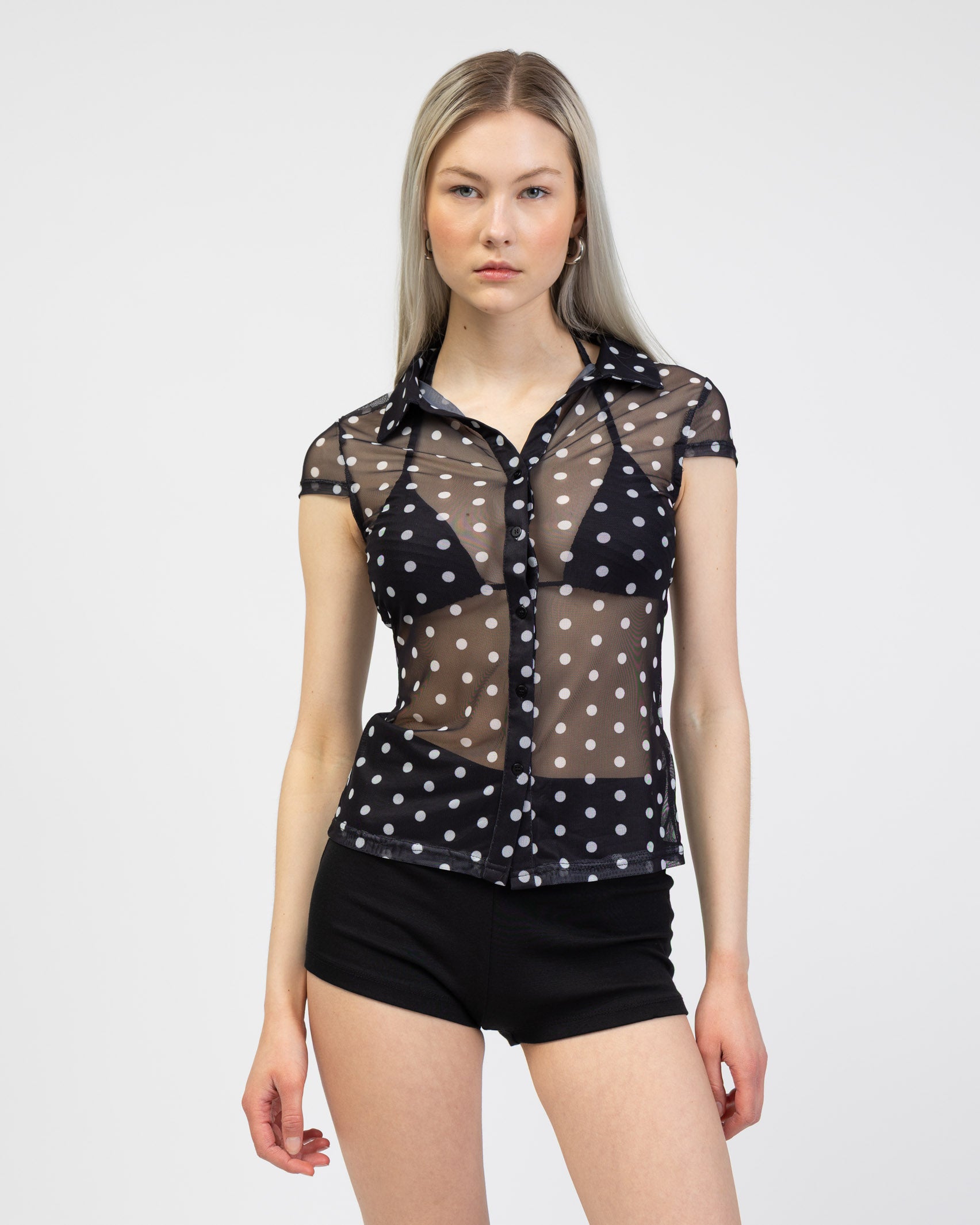 Mesh Kurzarmbluse mit Polkadots