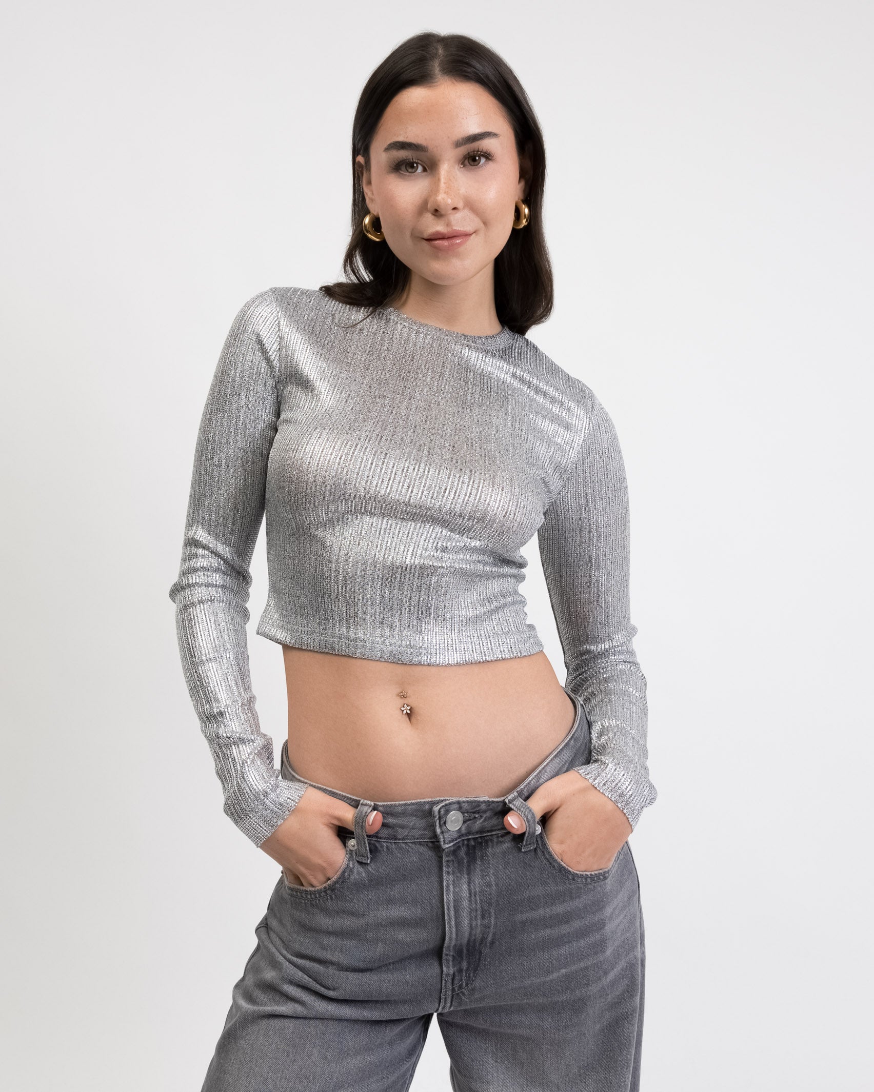 Glitzerndes Crop Langarmshirt