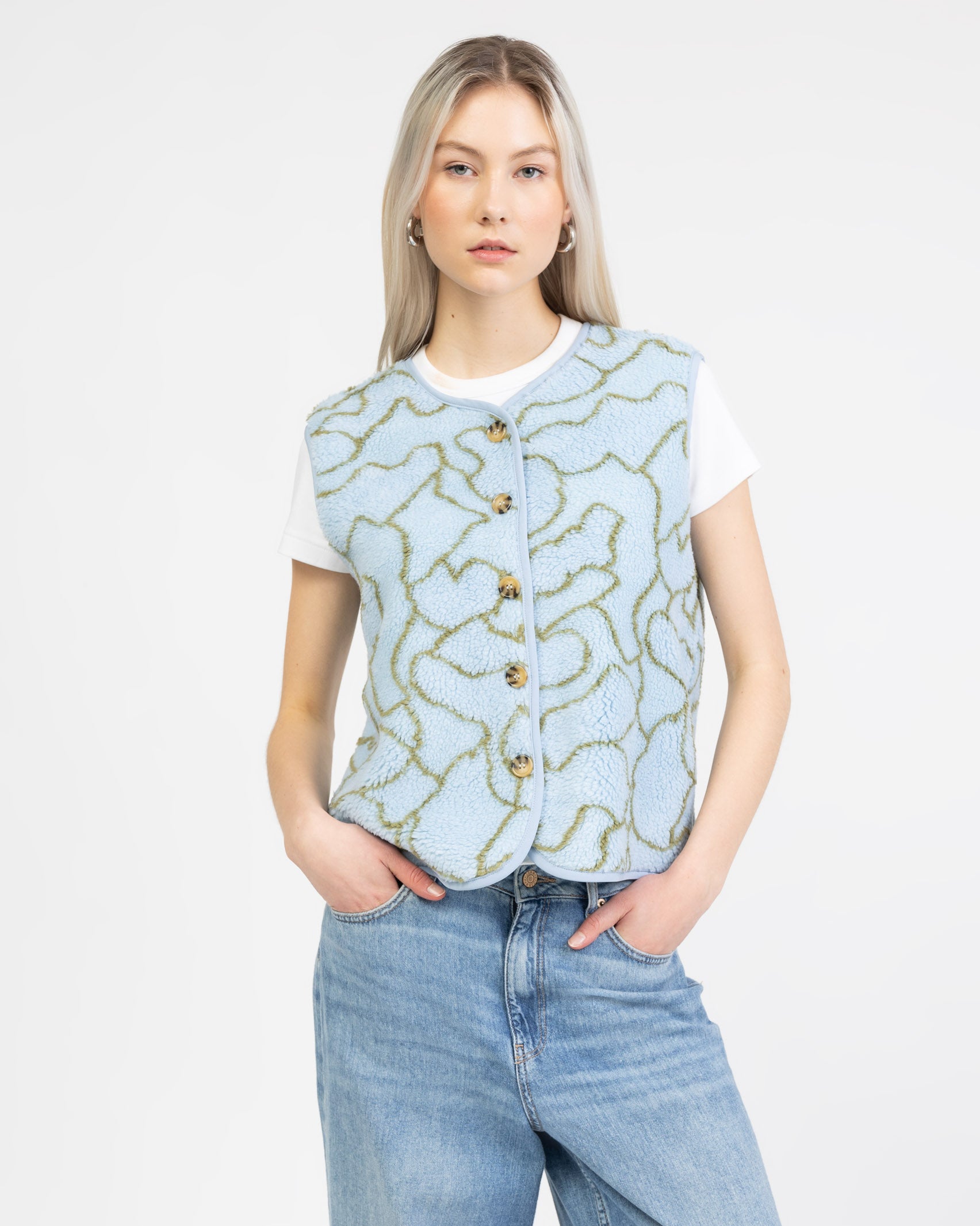 Teddyweste mit organischem Print blau