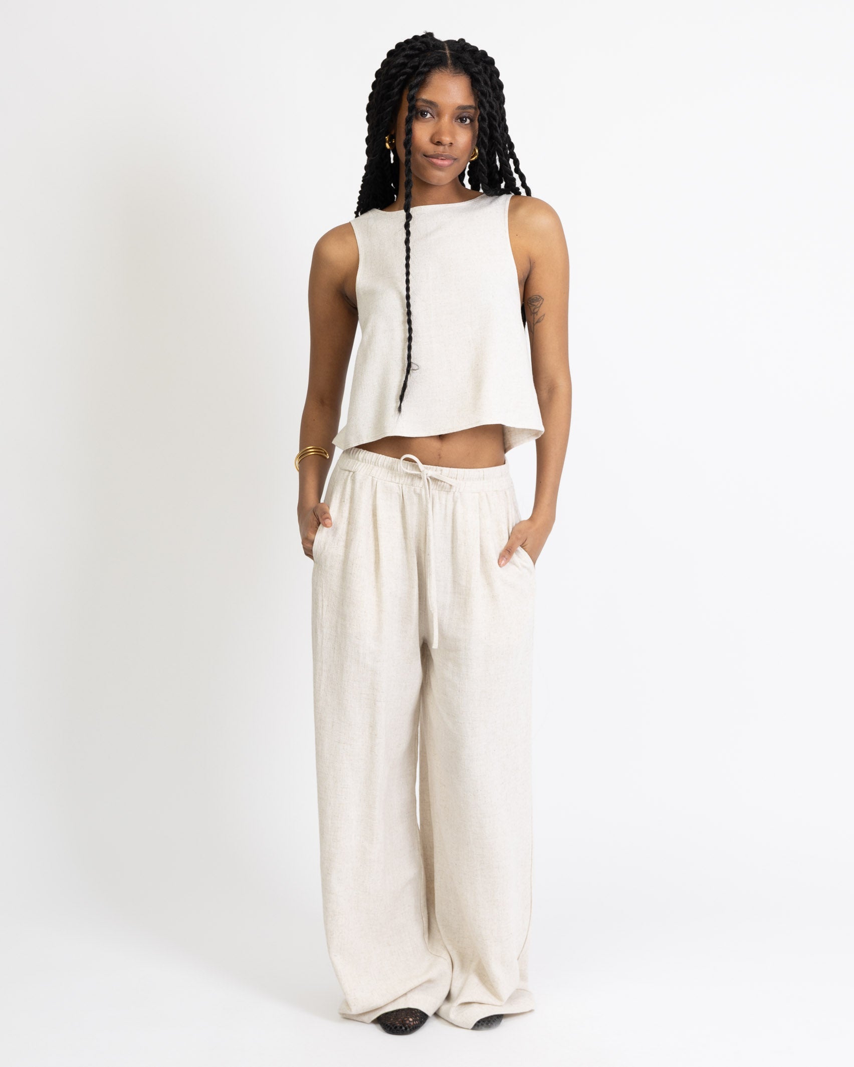 High-Waist Stoffhose aus Leinen-Mix