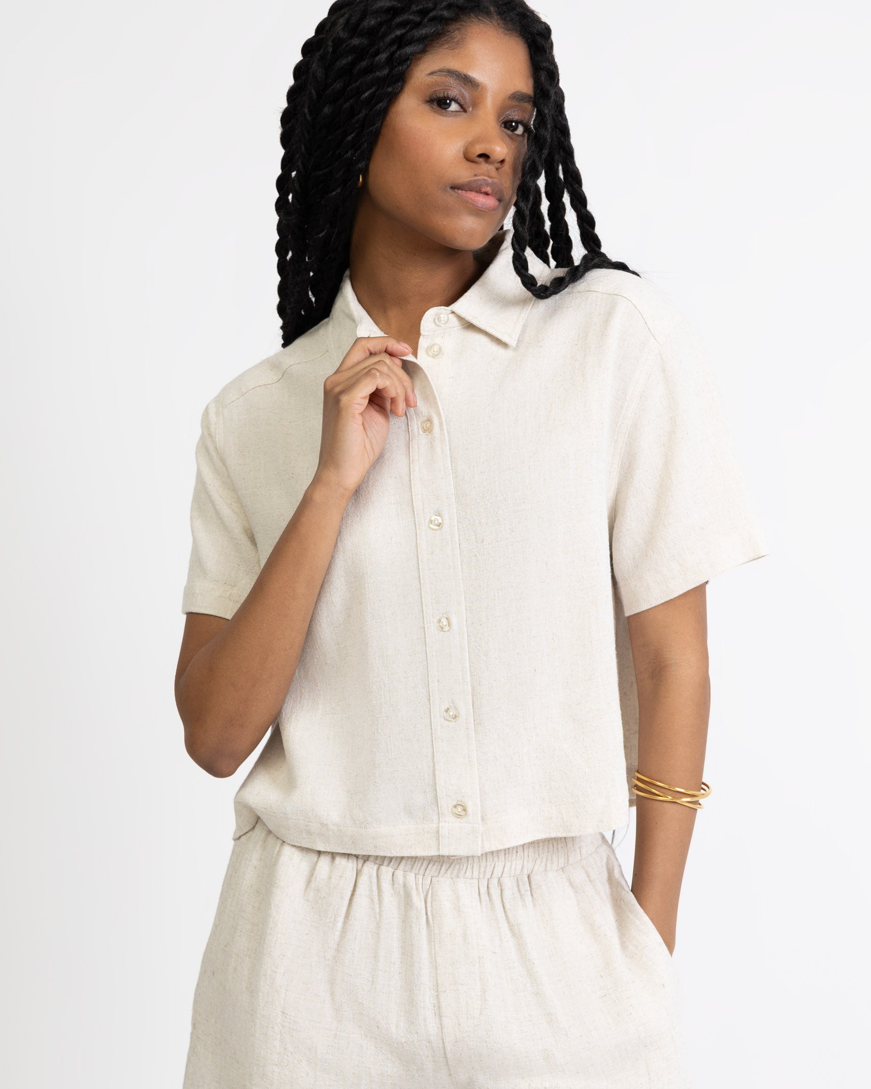 Crop Bluse aus Leinen-Mix