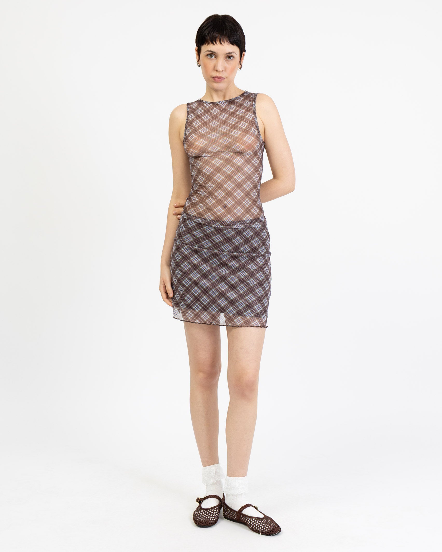 Gemustertes Mesh Top mit U-Boot Ausschnitt