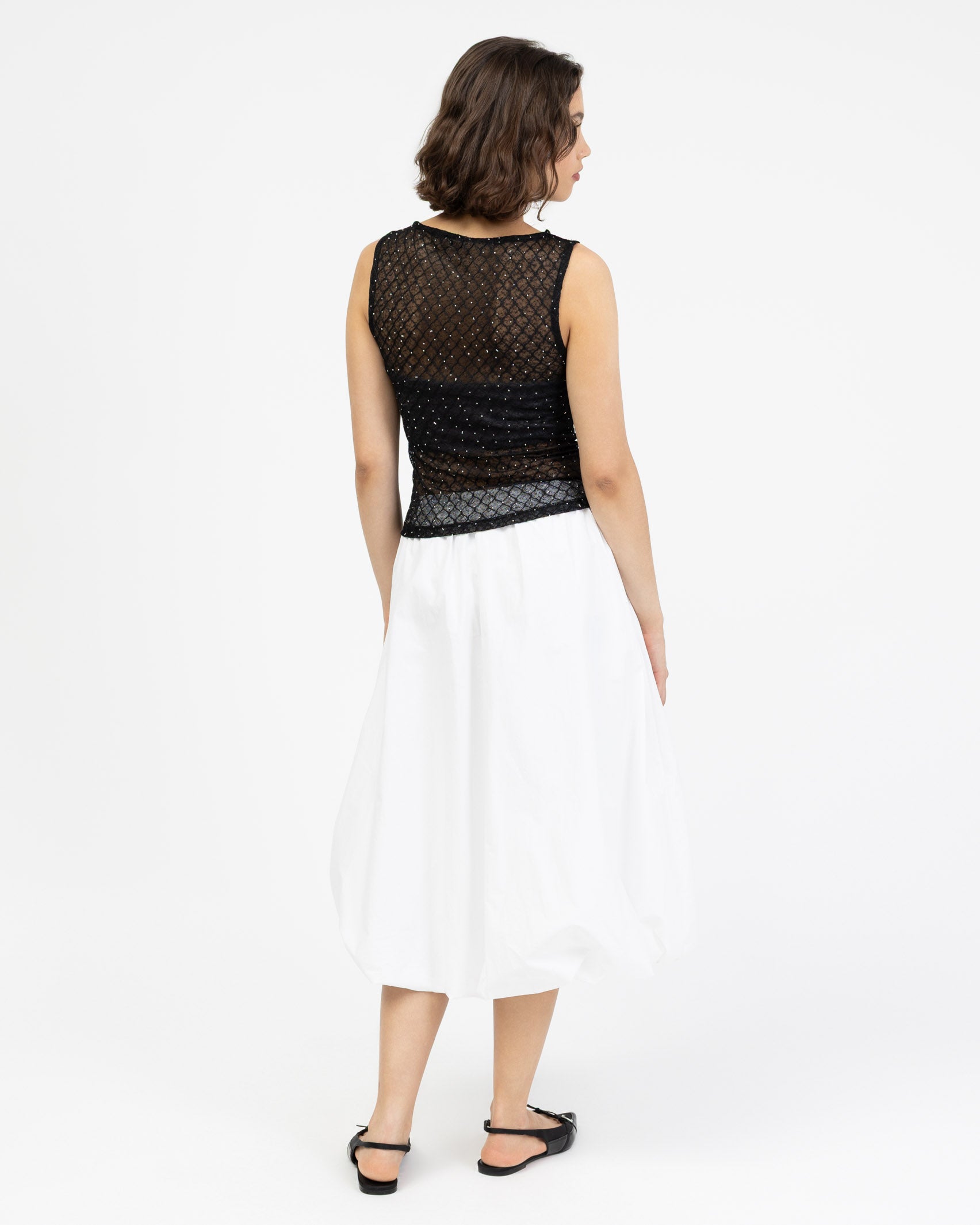 Strasssteinbesetztes Mesh Top mit Rautenprint