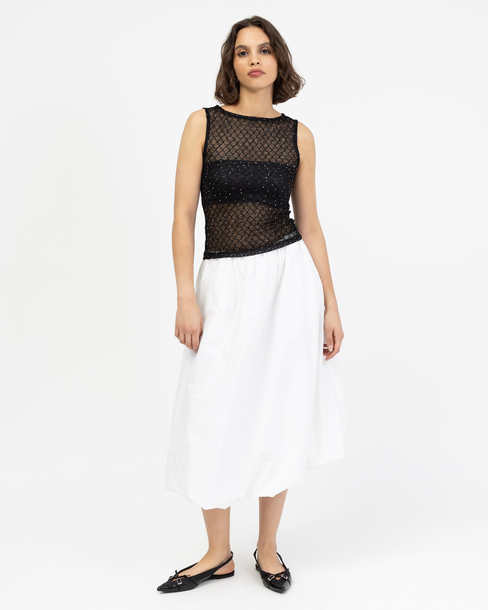 Strasssteinbesetztes Mesh Top mit Rautenprint