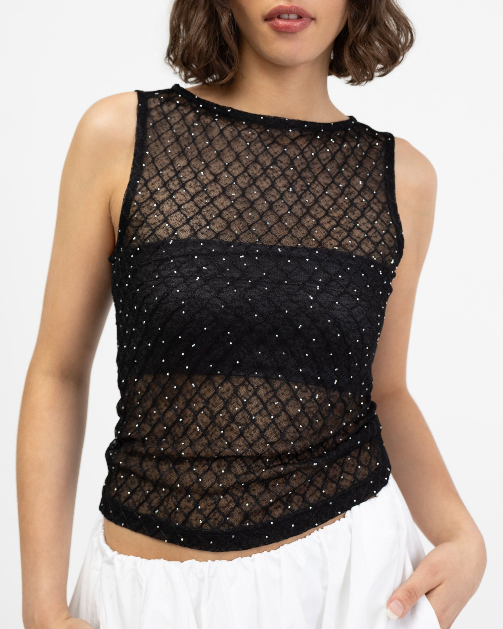 Strasssteinbesetztes Mesh Top mit Rautenprint