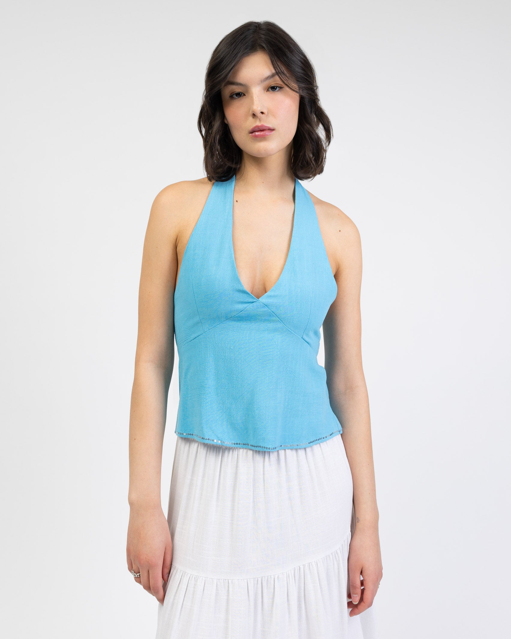 Neckholdertop aus Leinen-Mix mit Pailletten