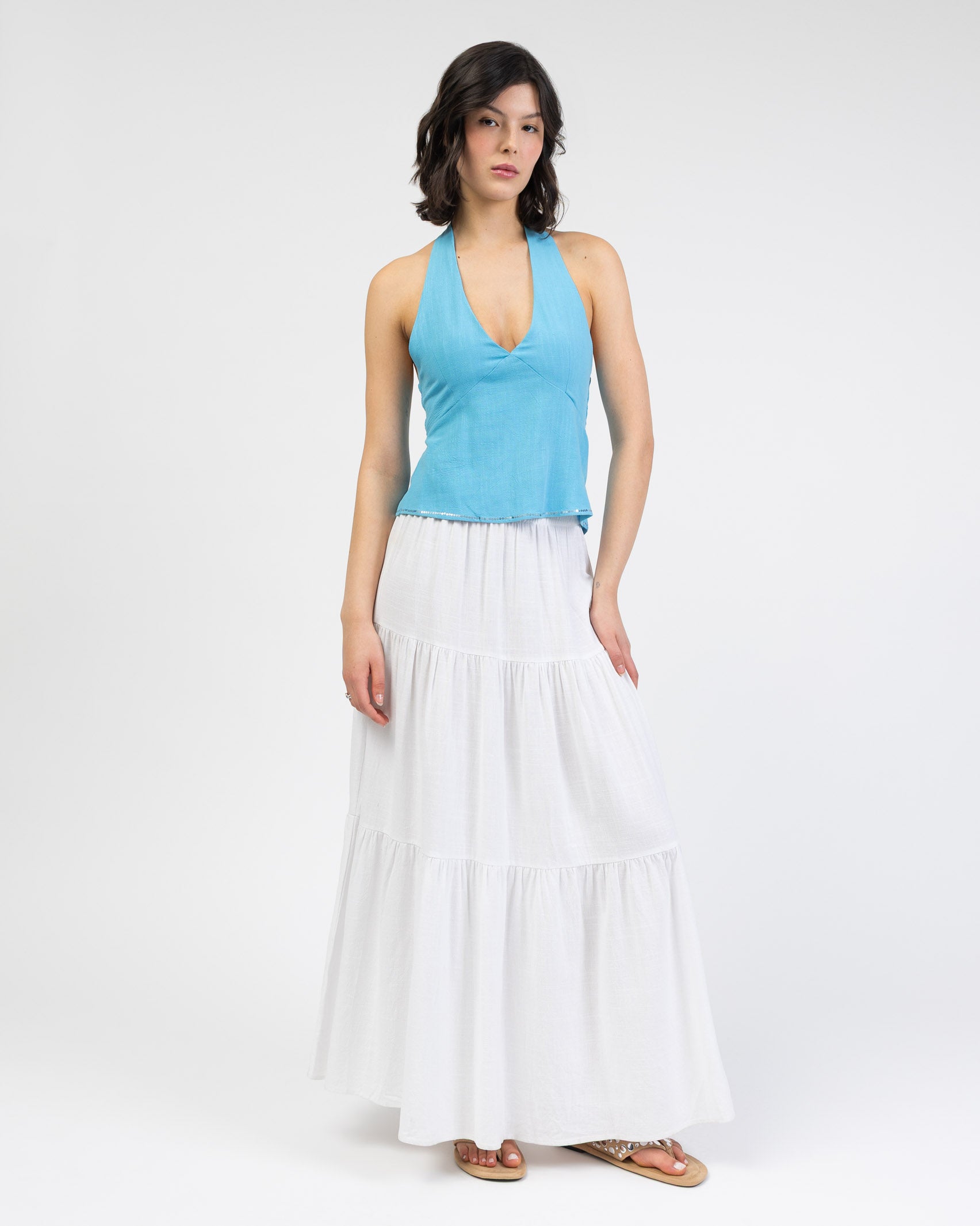 Neckholdertop aus Leinen-Mix mit Pailletten