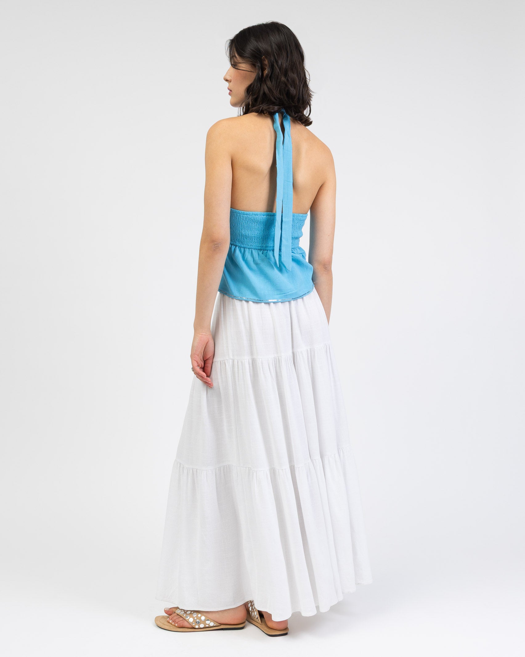 Neckholdertop aus Leinen-Mix mit Pailletten