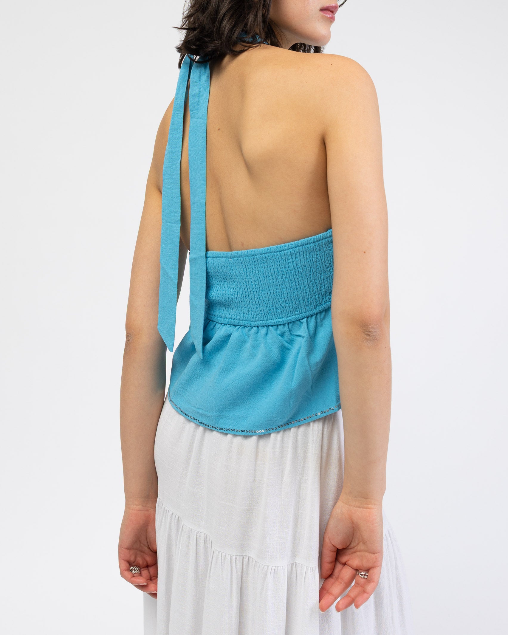 Neckholdertop aus Leinen-Mix mit Pailletten