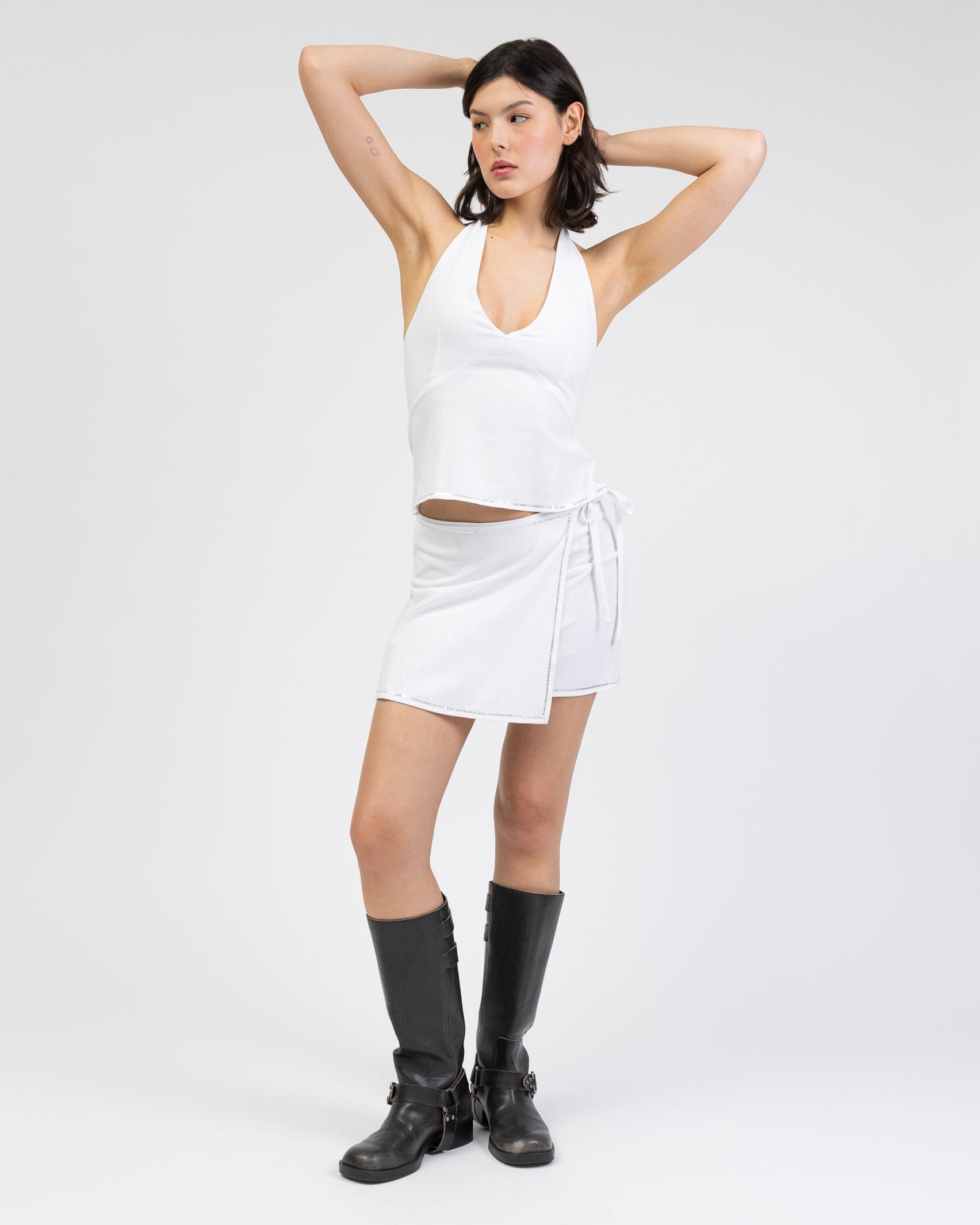 Neckholdertop aus Leinen-Mix mit Pailletten