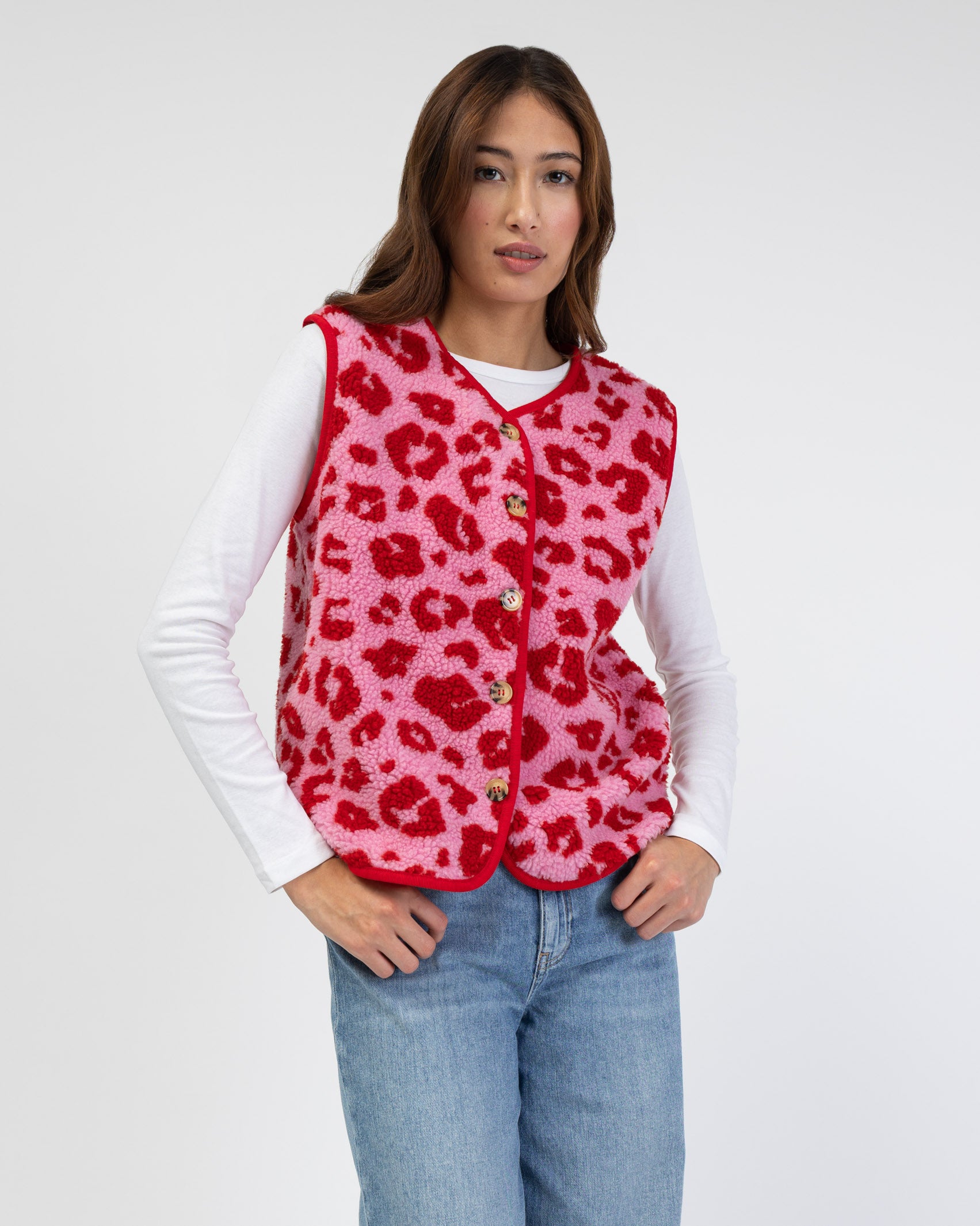 Teddyweste mit pink-rotem Leoprint