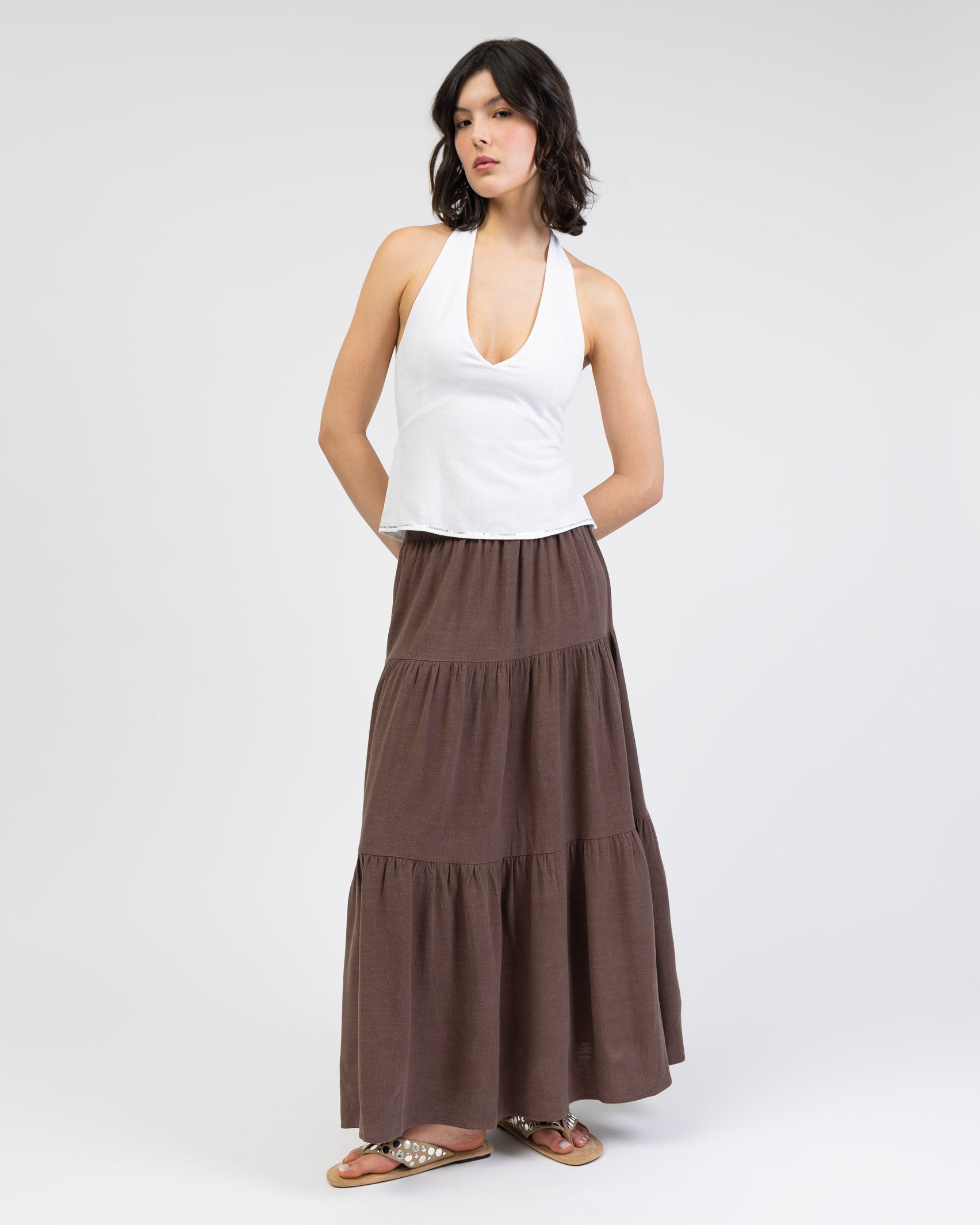 Gestufter Maxirock aus Leinen-Mix