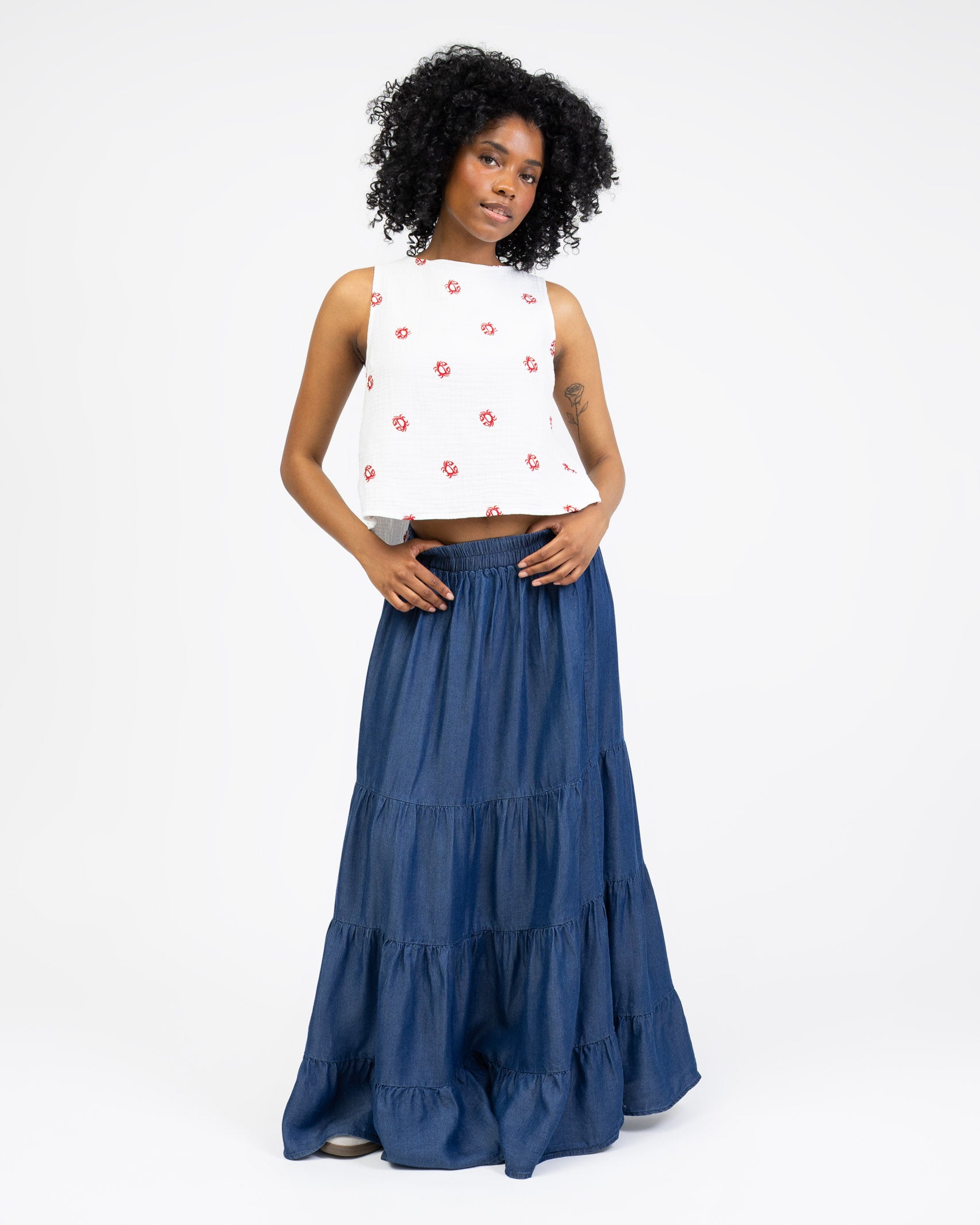 Musselin Top mit Krebs-Stickerei