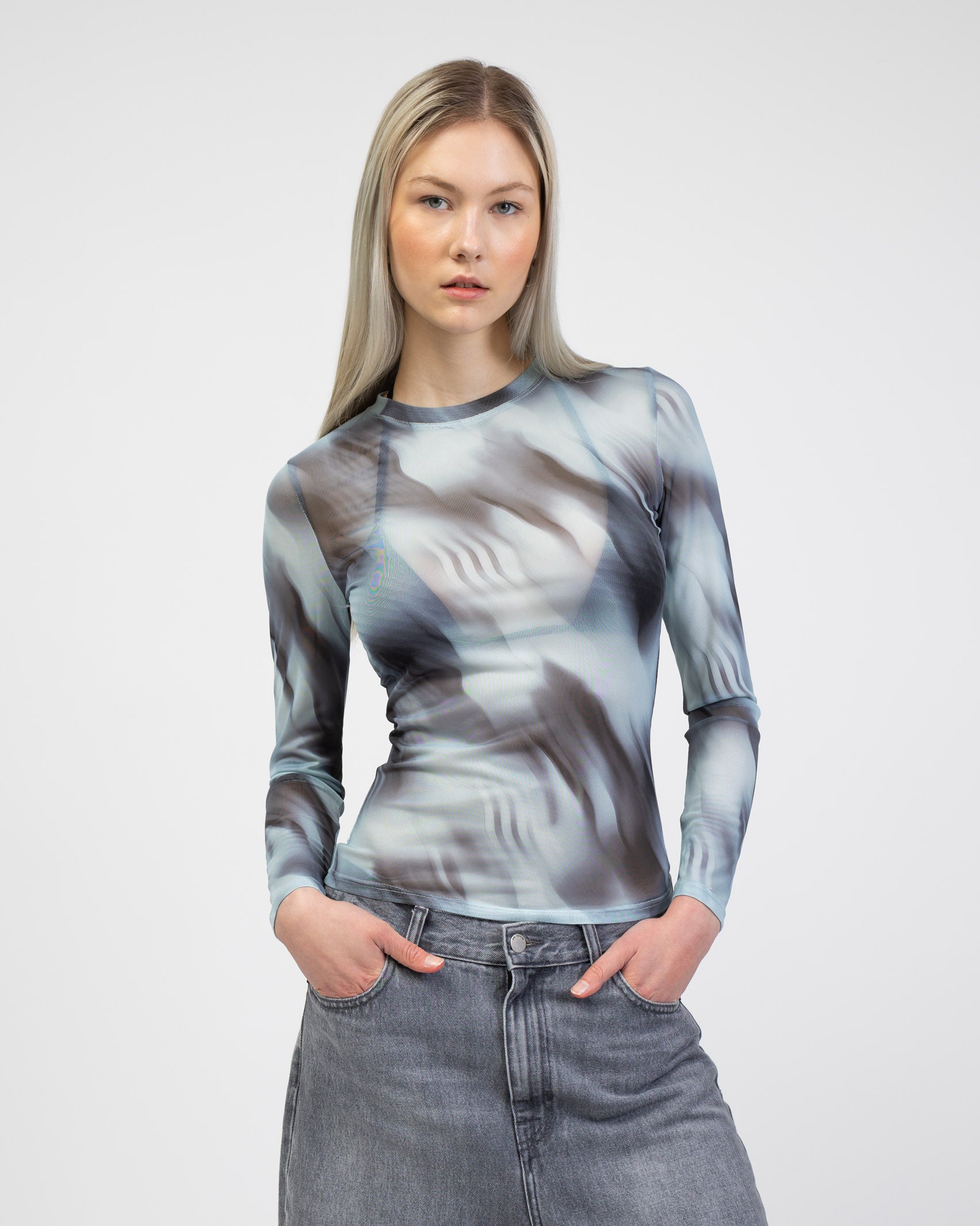 Langarm Mesh Shirt mit mehrfarbigem Muster