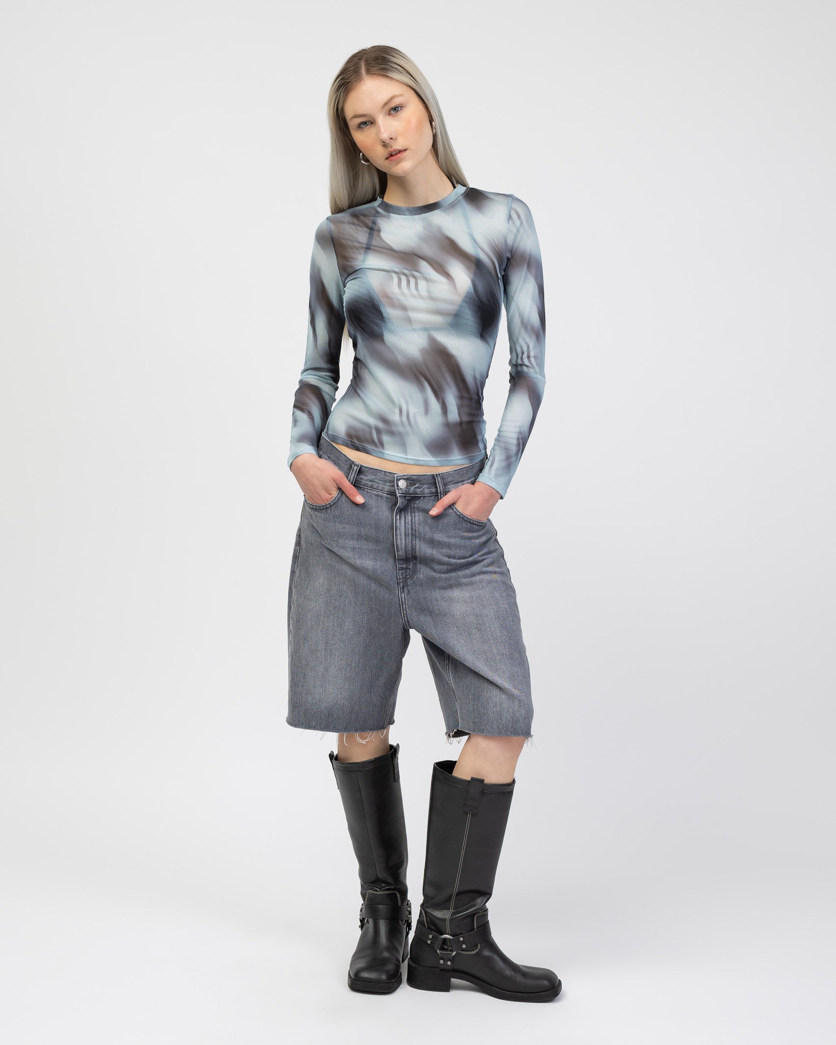 Langarm Mesh Shirt mit mehrfarbigem Muster