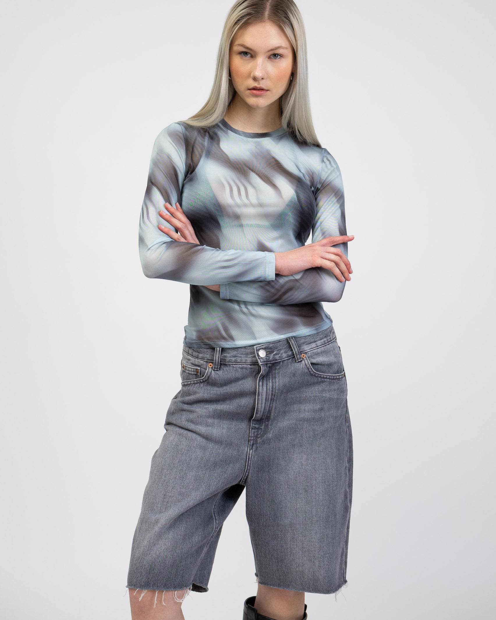 Langarm Mesh Shirt mit mehrfarbigem Muster