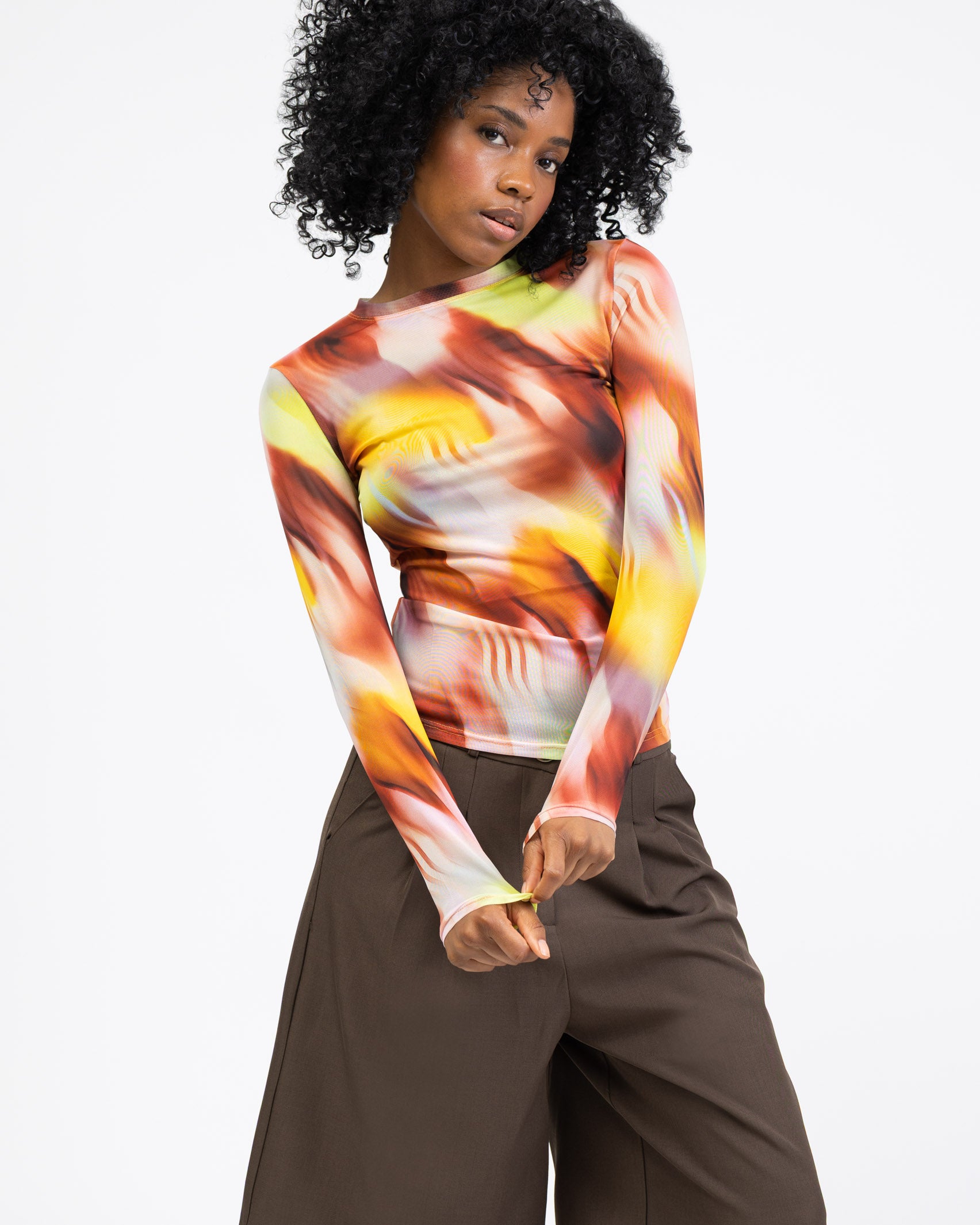 Langarm Mesh Shirt mit mehrfarbigem Muster