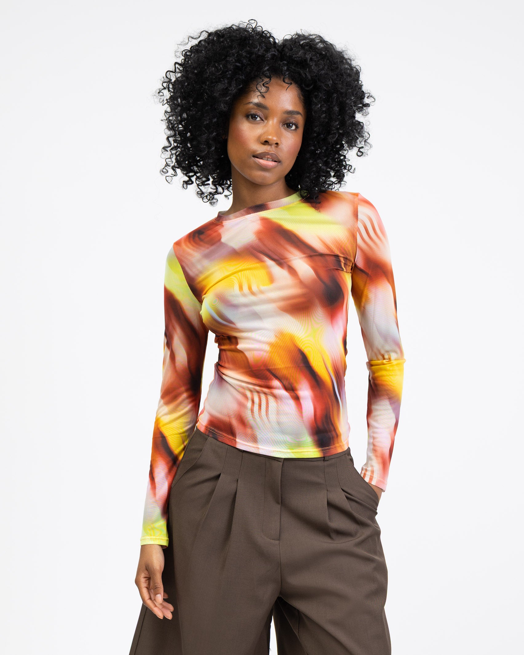 Langarm Mesh Shirt mit mehrfarbigem Muster