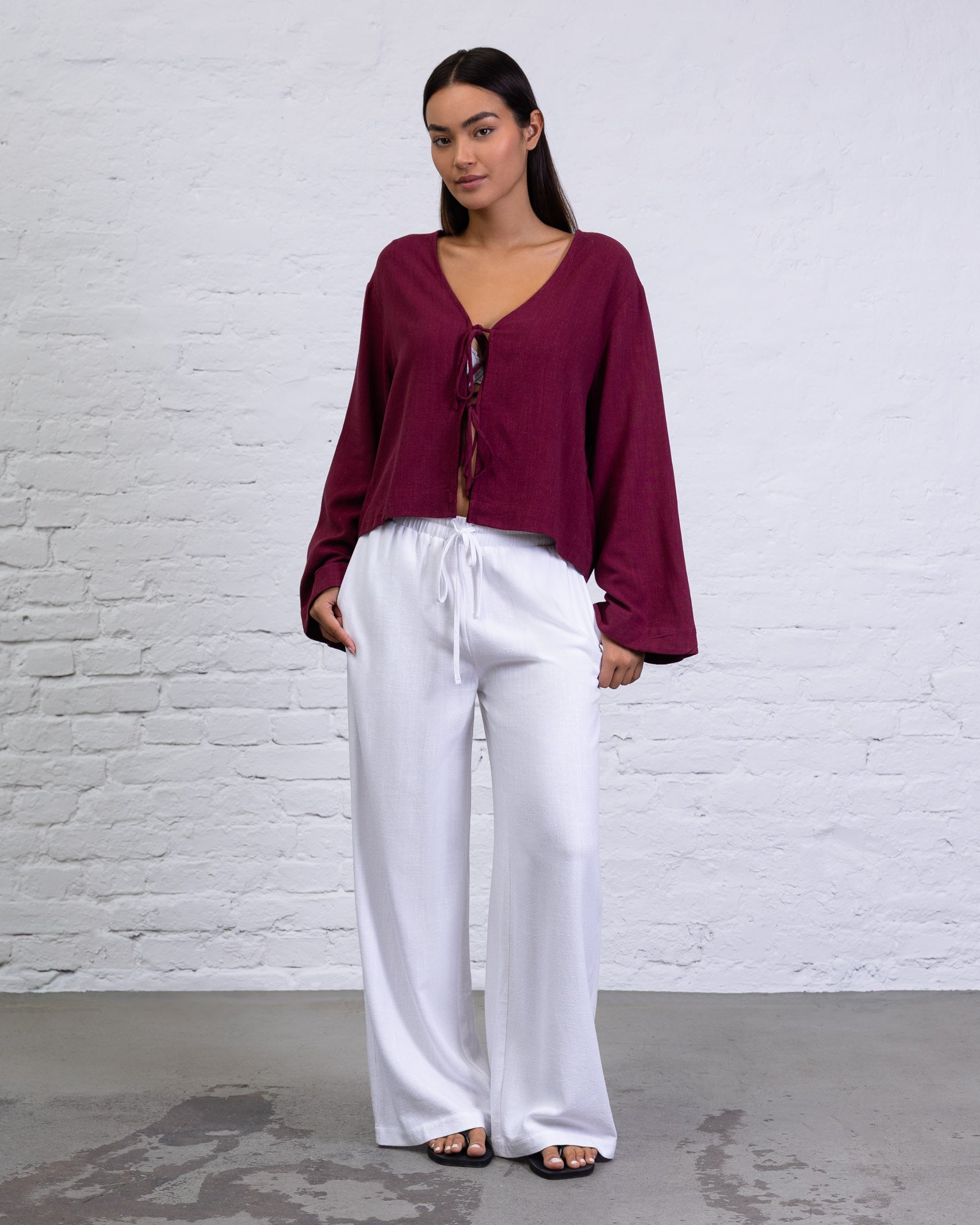 Bluse mit Bindebändern aus Leinen-Mix