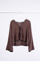 Bluse mit Bindebändern aus Leinen-Mix