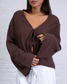 Bluse mit Bindebändern aus Leinen-Mix