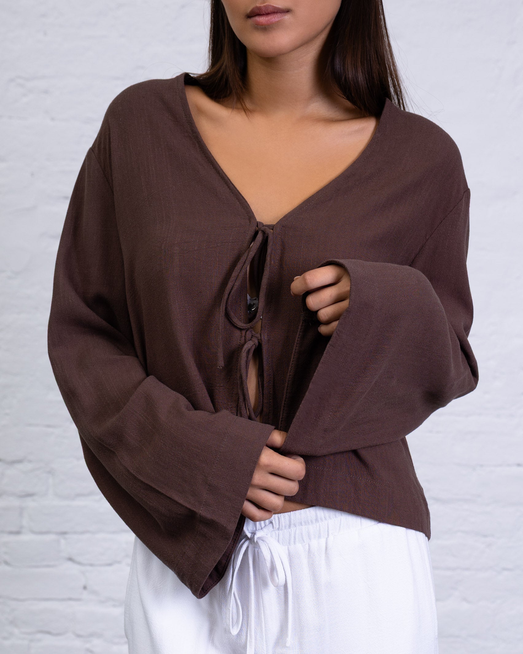 Bluse mit Bindebändern aus Leinen-Mix