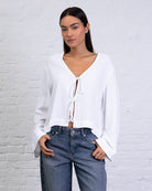 Bluse mit Bindebändern aus Leinen-Mix