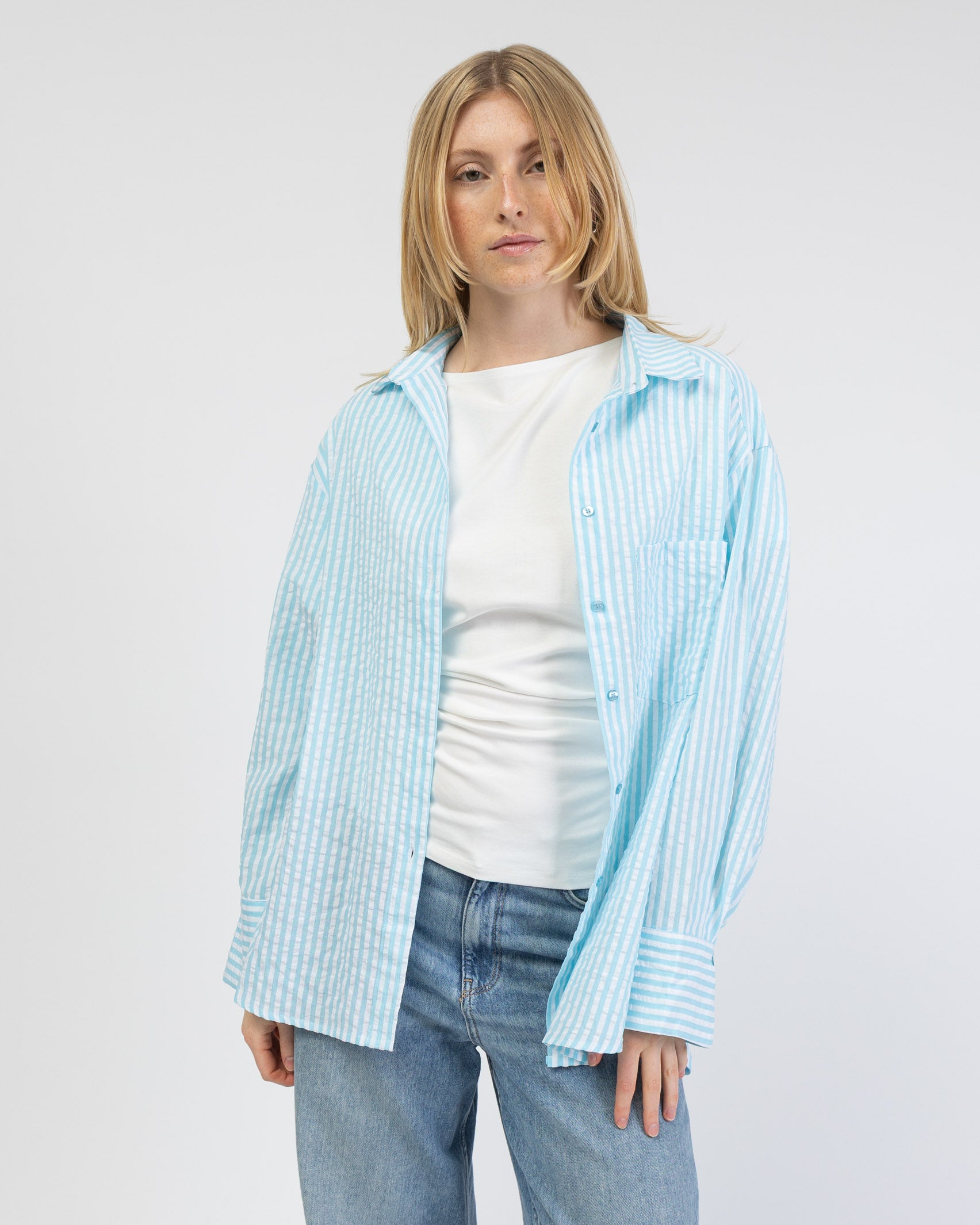 Türkise Oversize Bluse mit Streifen