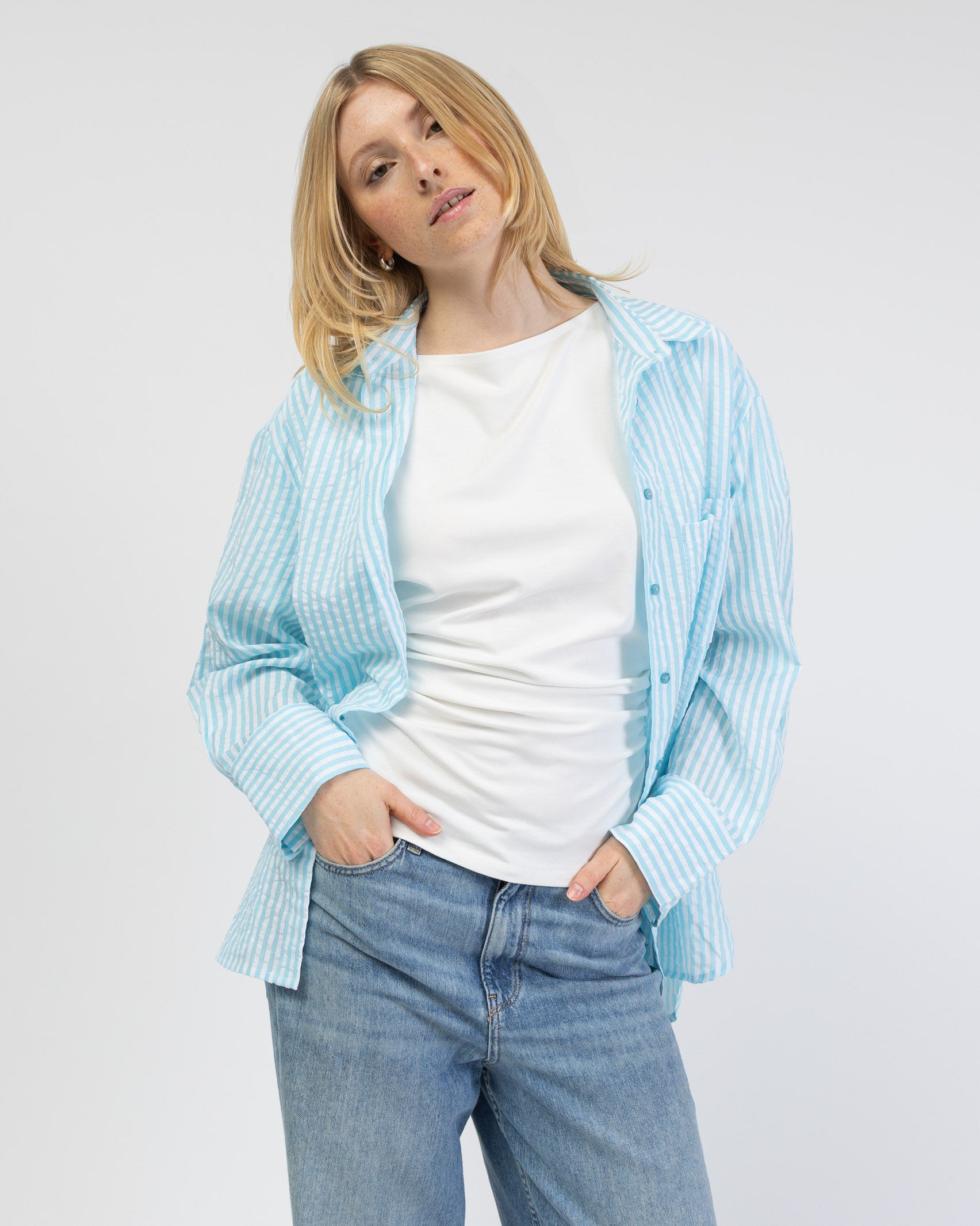 Türkise Oversize Bluse mit Streifen