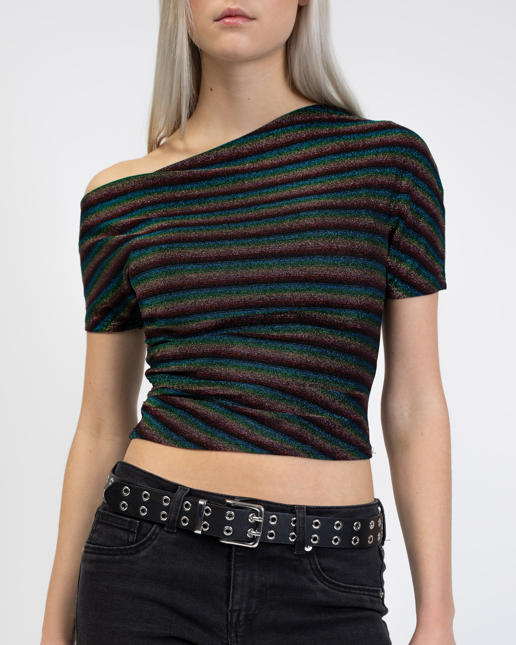Offshoulder Shirt mit bunt glitzernden Streifen