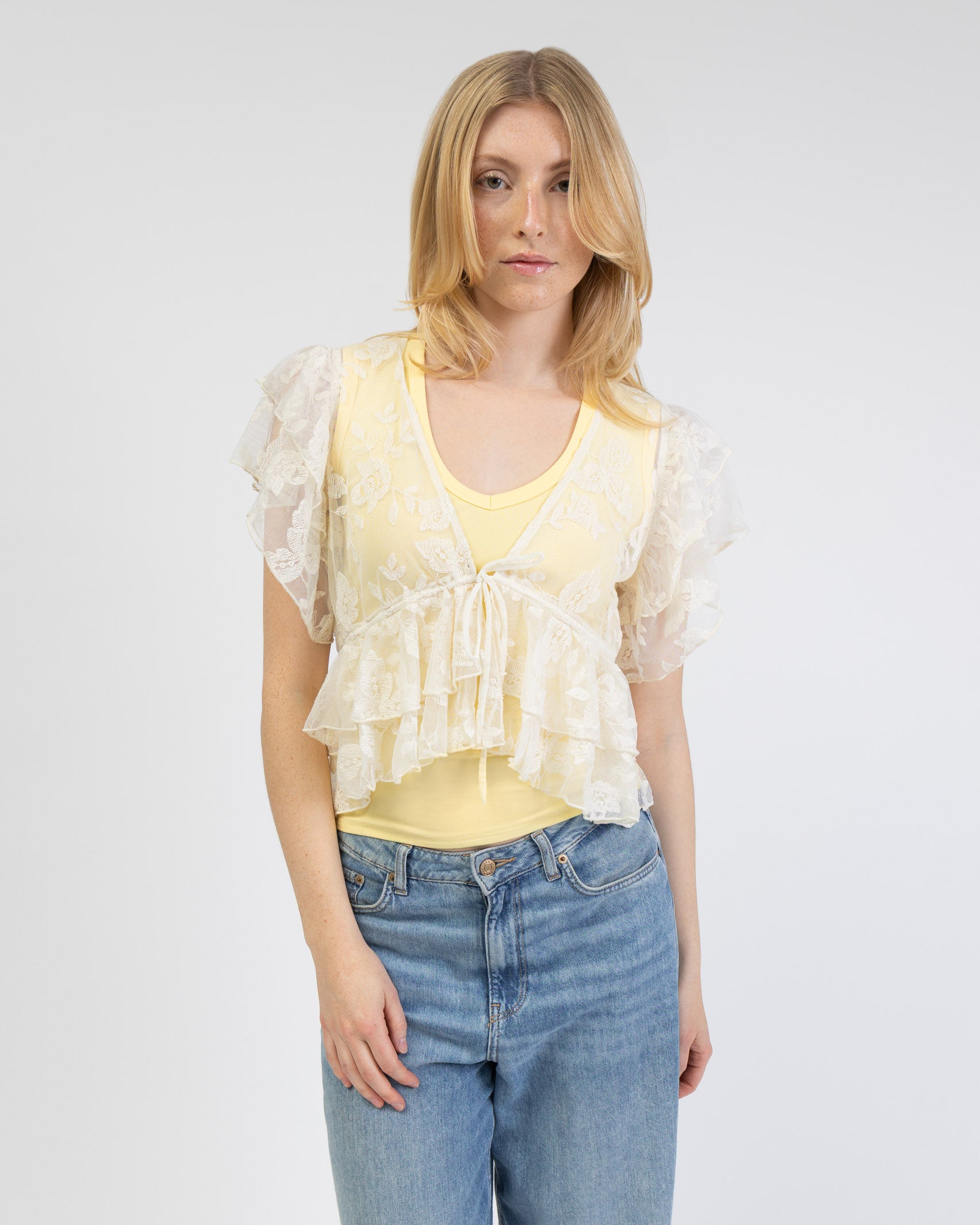 Rüschen Mesh Bluse mit floralem Print