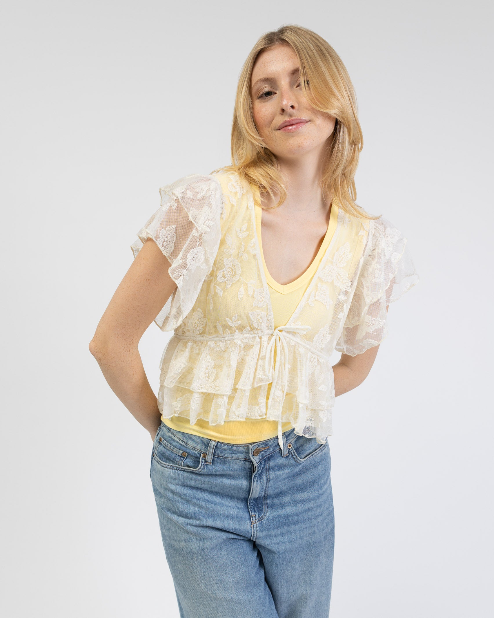 Rüschen Mesh Bluse mit floralem Print