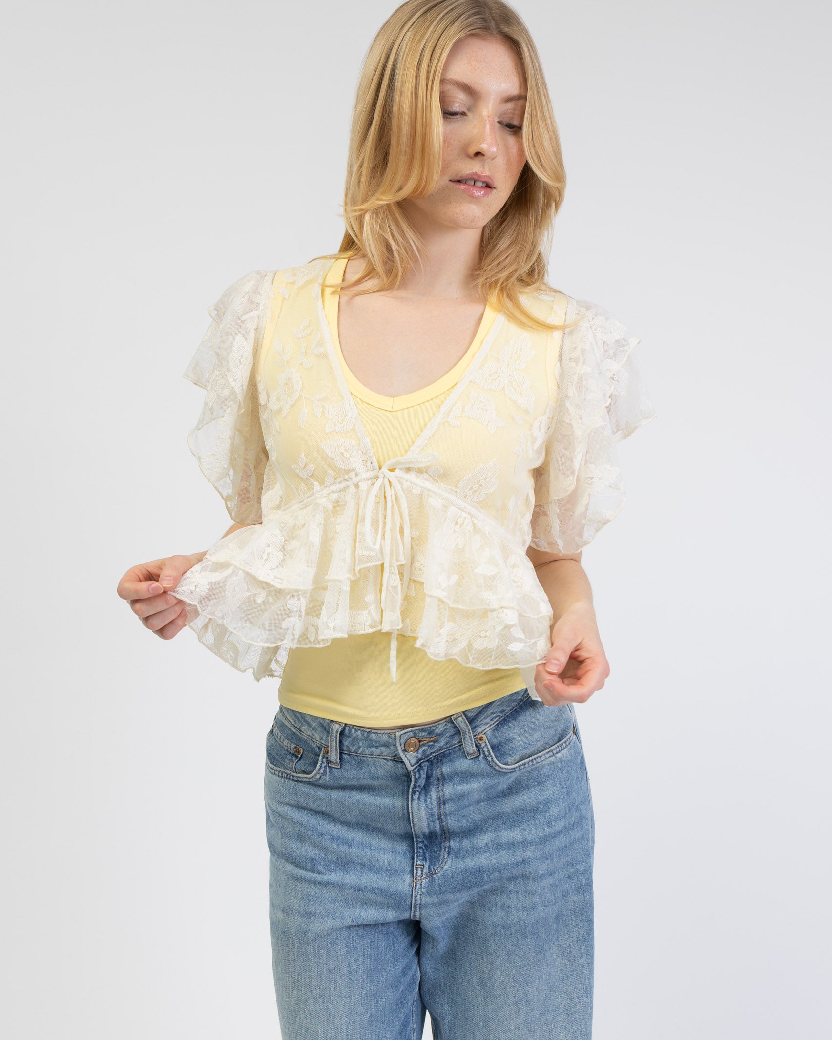 Rüschen Mesh Bluse mit floralem Print