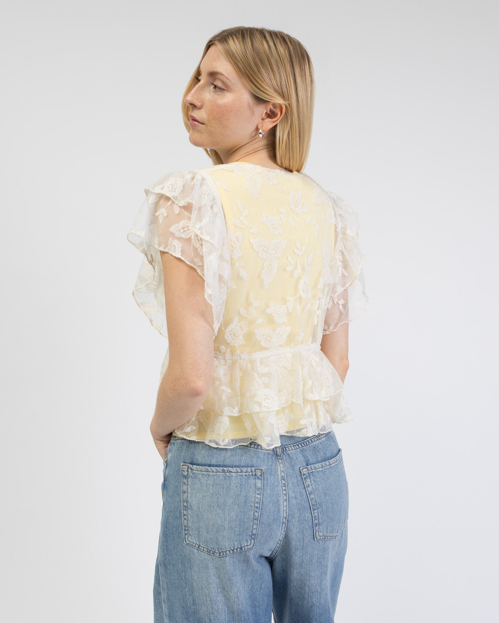 Rüschen Mesh Bluse mit floralem Print