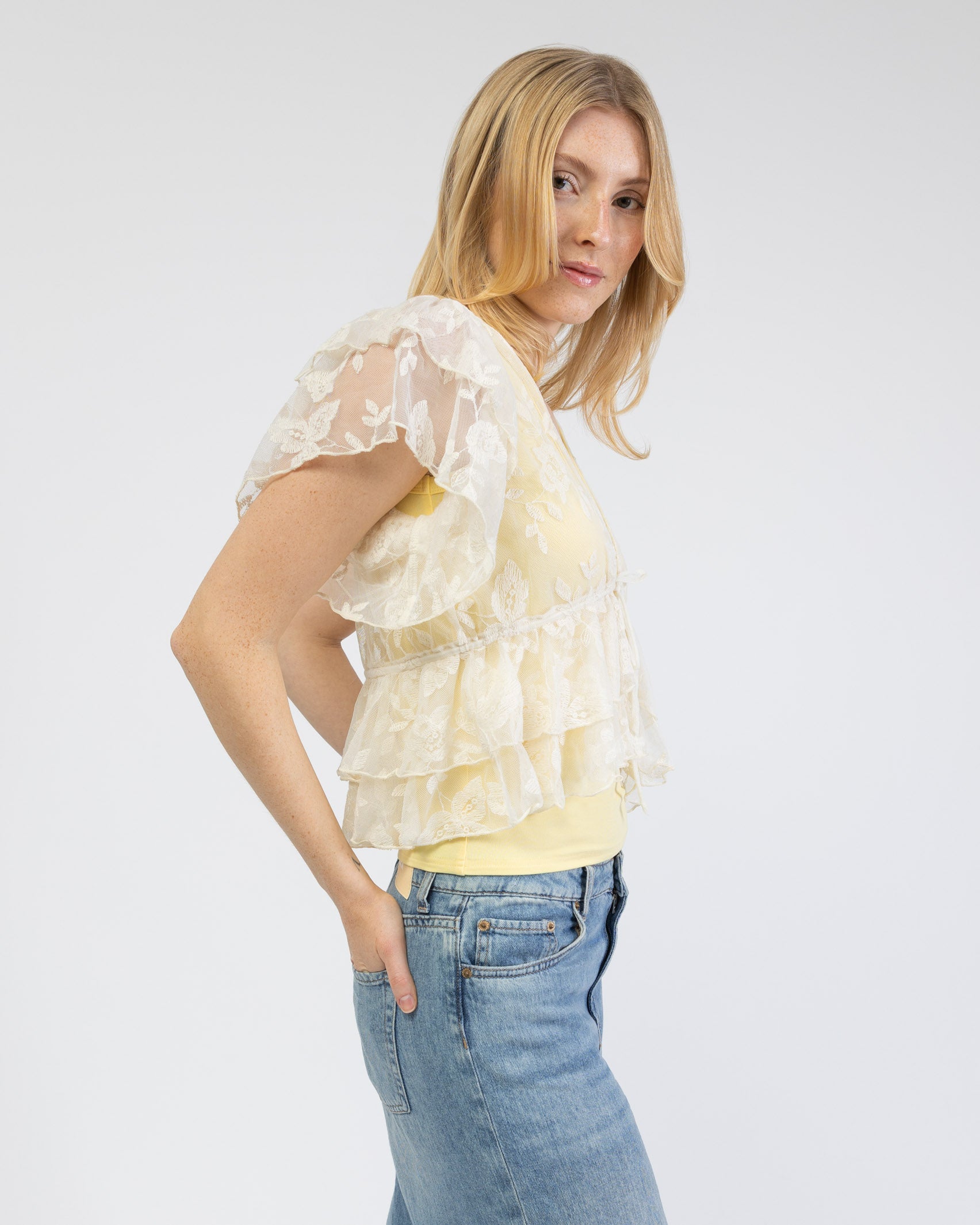 Rüschen Mesh Bluse mit floralem Print