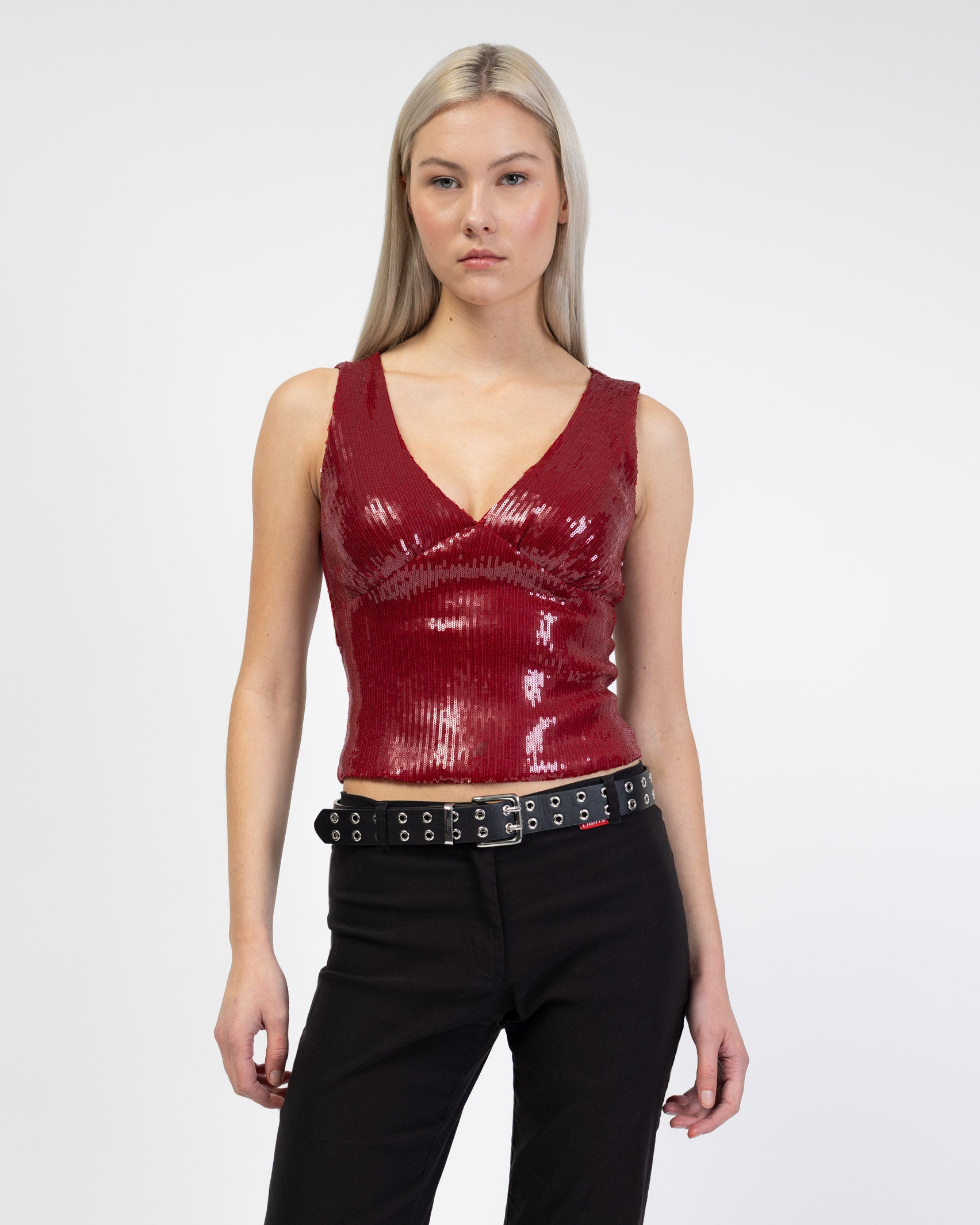 V-Neck Top mit glänzenden Pailletten