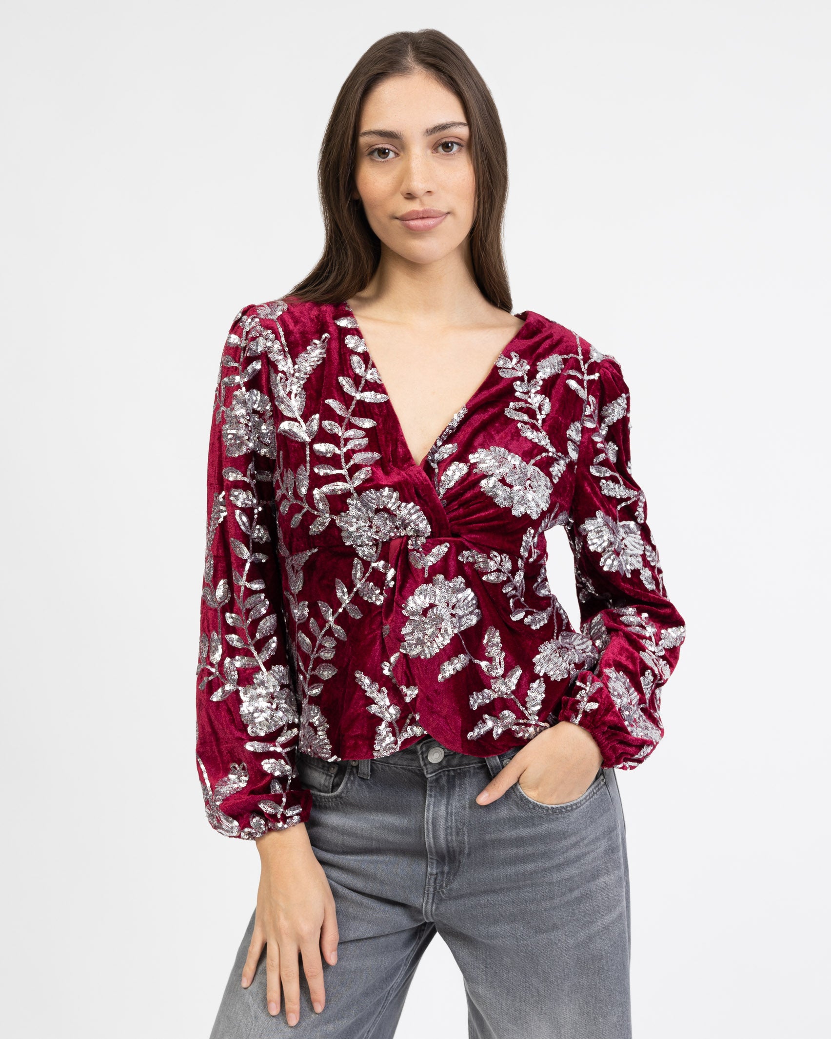 Samtbluse mit glitzerndem Blumenprint