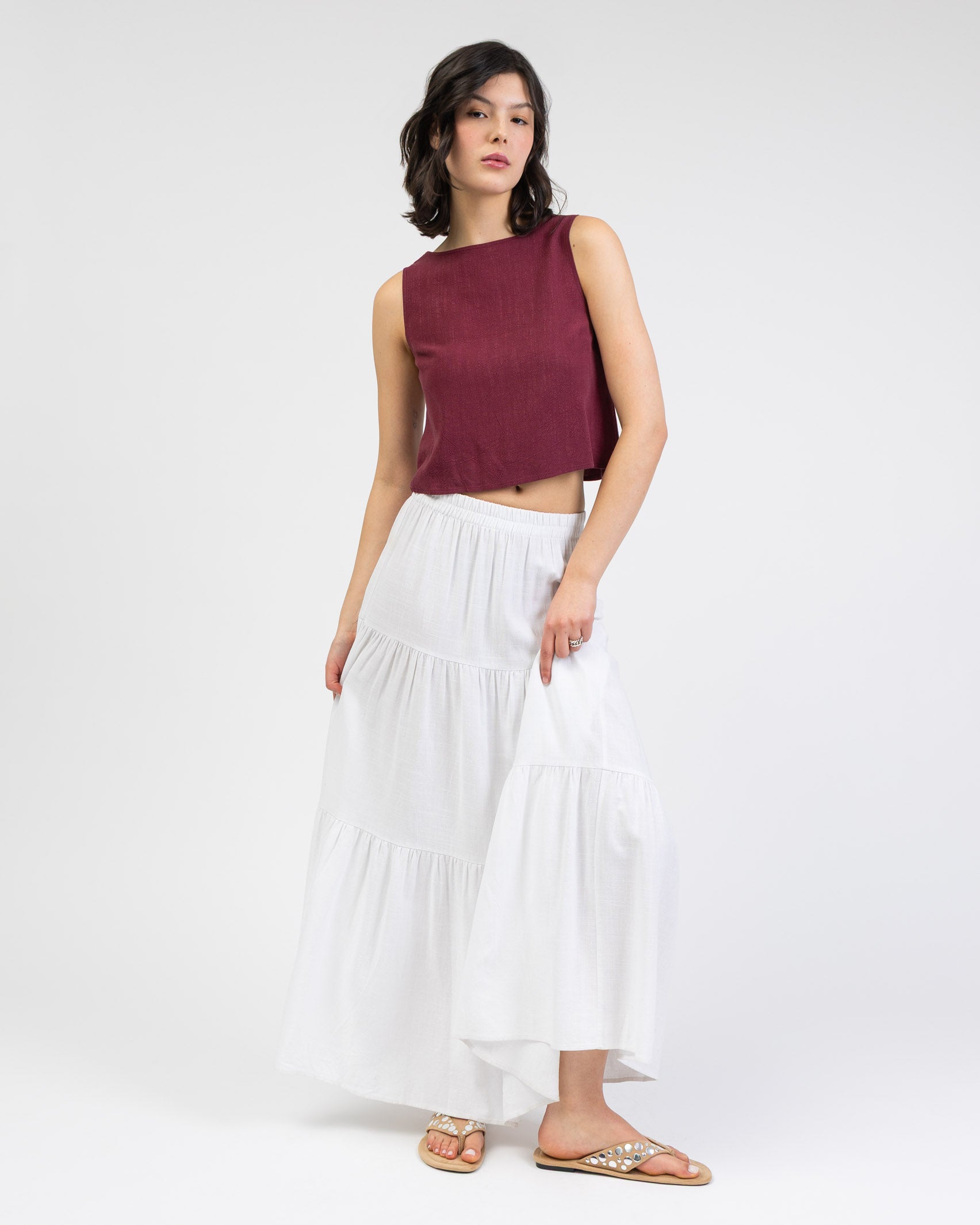 Gestufter Maxirock aus Leinen-Mix