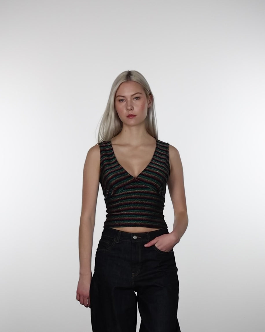 V-Neck Top mit bunt glitzernden Streifen