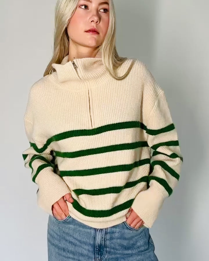 Striped knit sweater with half zip One Size DARK GREEN