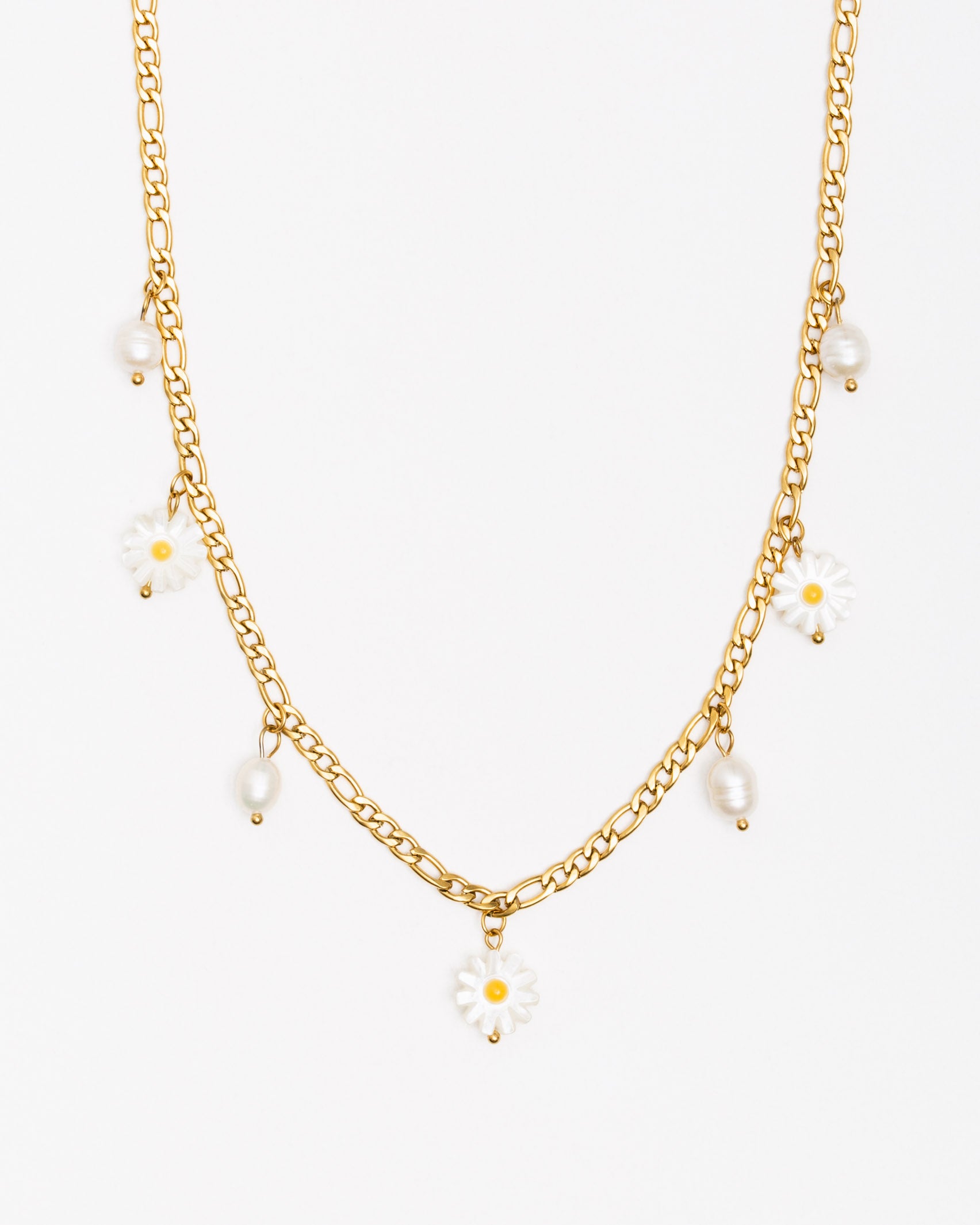 Flache Gliederkette mit Gänseblümchen Perlen - Broke + Schön#farbe_gold-colored
